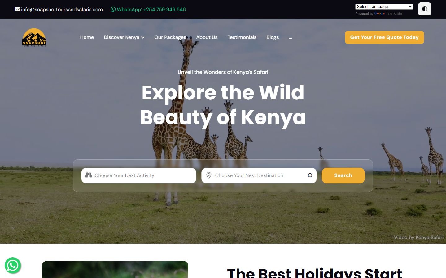 Snapshot Tours and Safaris website screenshot